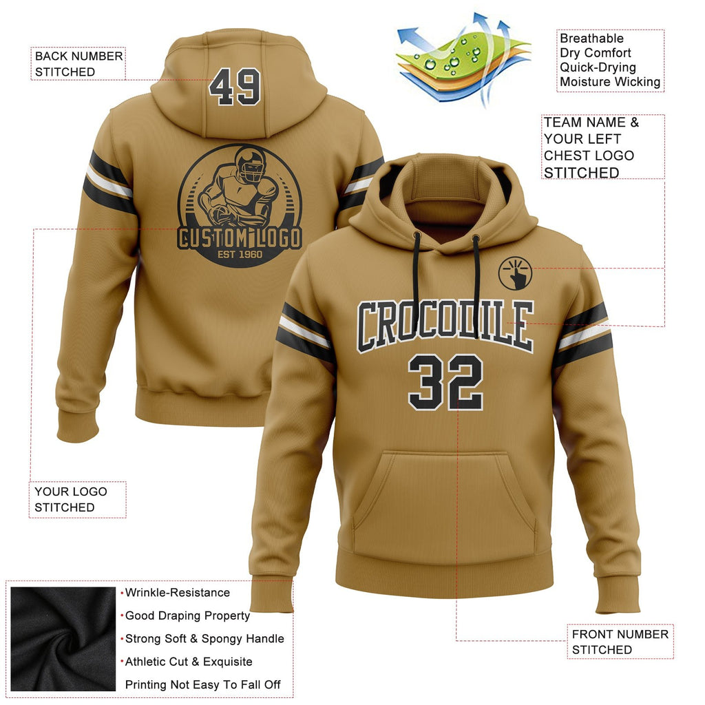 Custom Stitched Old Gold Black-White Football Pullover Sweatshirt Hoodie photo 2