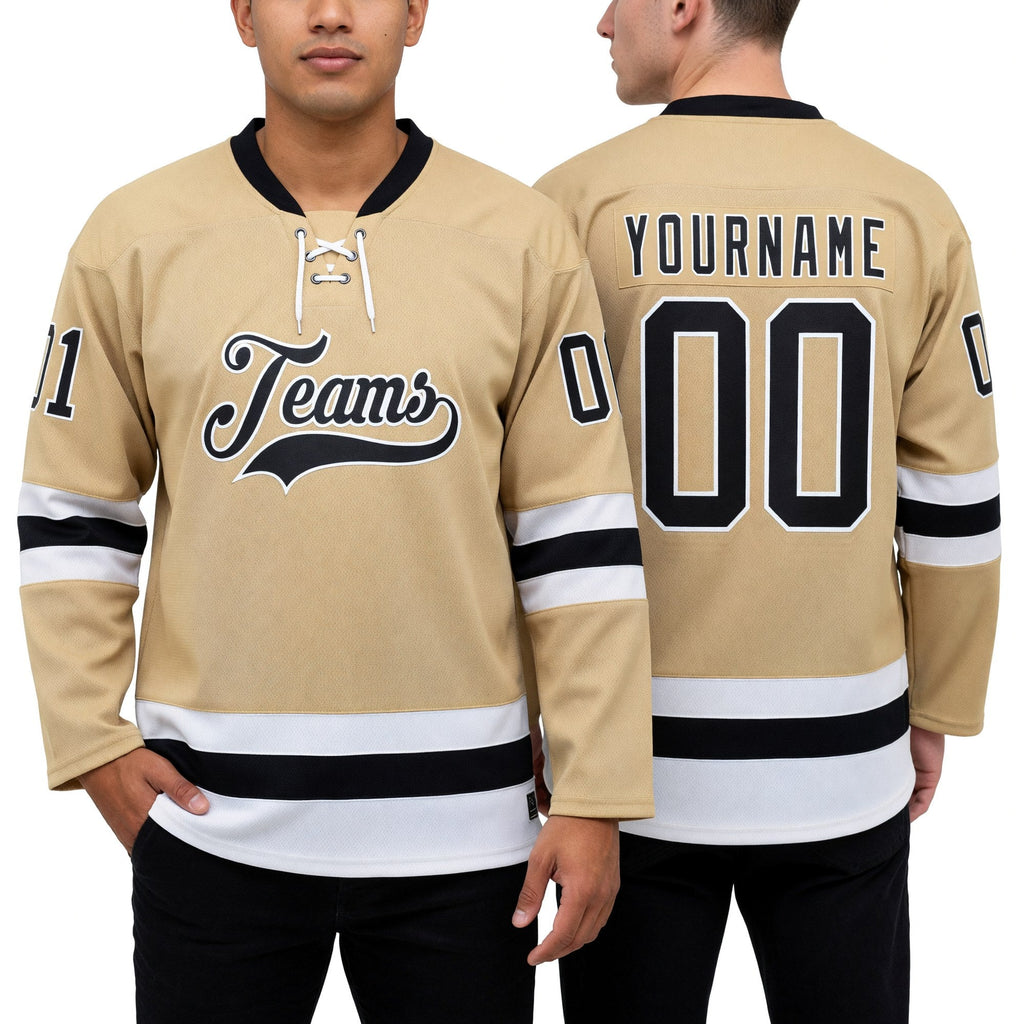 Custom Old Gold Black-White Hockey Lace Neck Jersey worn front and back