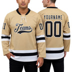Custom Old Gold Black-White Hockey Lace Neck Jersey worn front and back