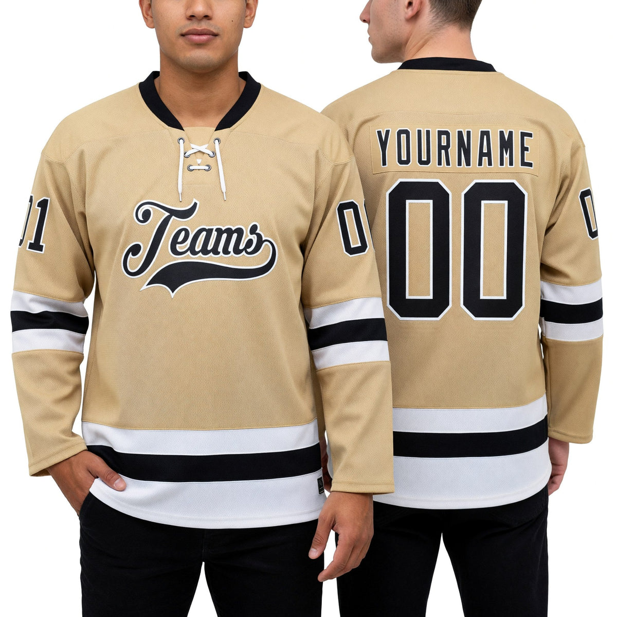 Custom Old Gold Black-White Hockey Lace Neck Jersey worn front and back