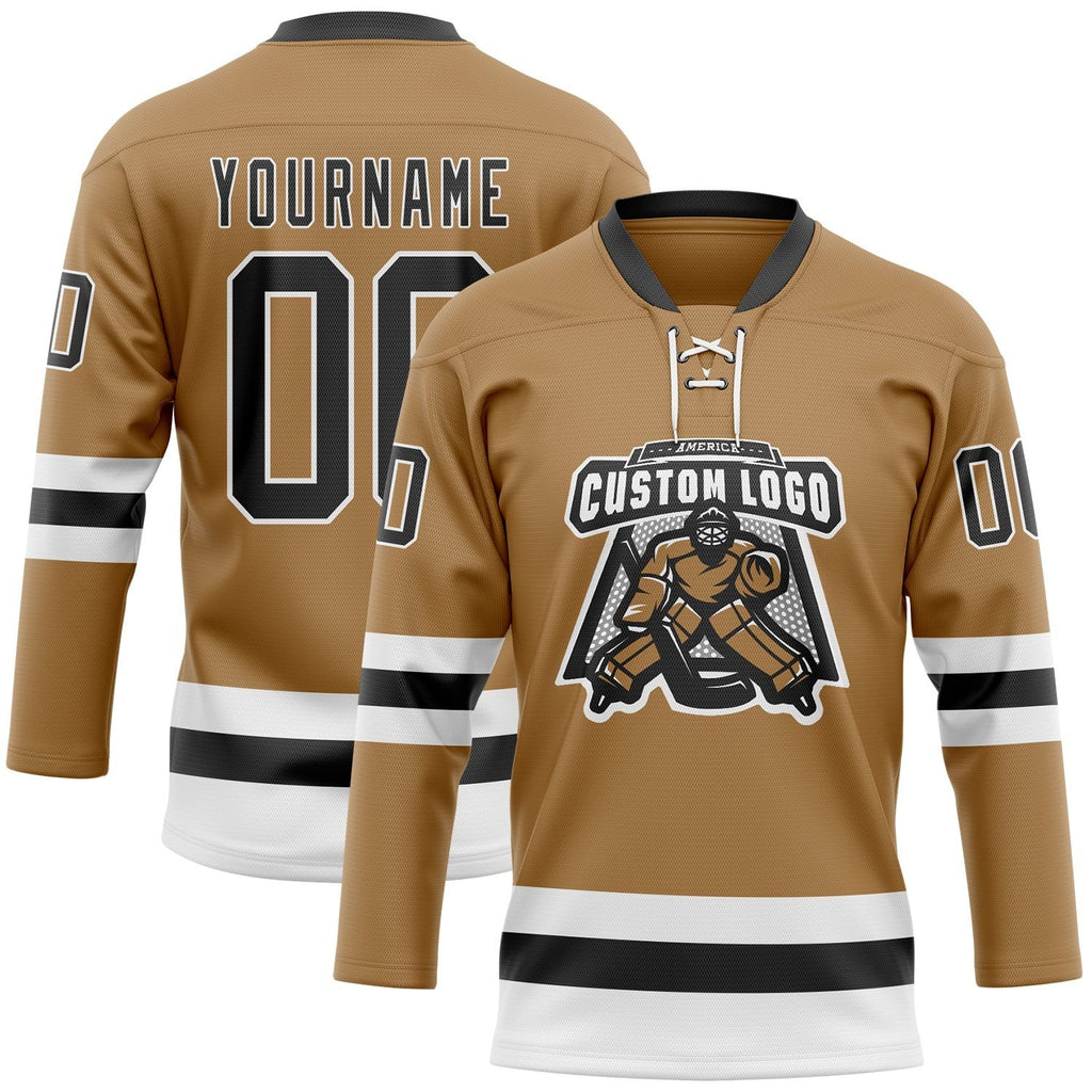 Custom Old Gold Black-White Hockey Lace Neck Jersey photo 2