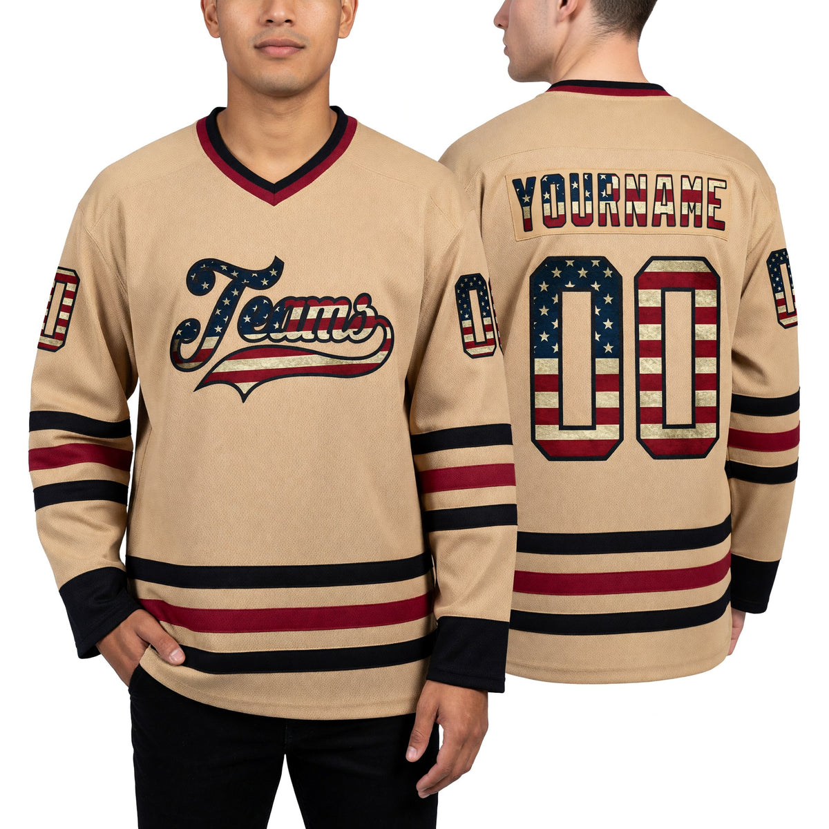 Custom Old Gold Vintage USA Flag Black-Maroon Hockey Jersey worn front and back