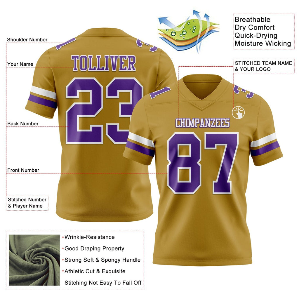 Custom Old Gold Purple-White Authentic Football Jersey photo 3