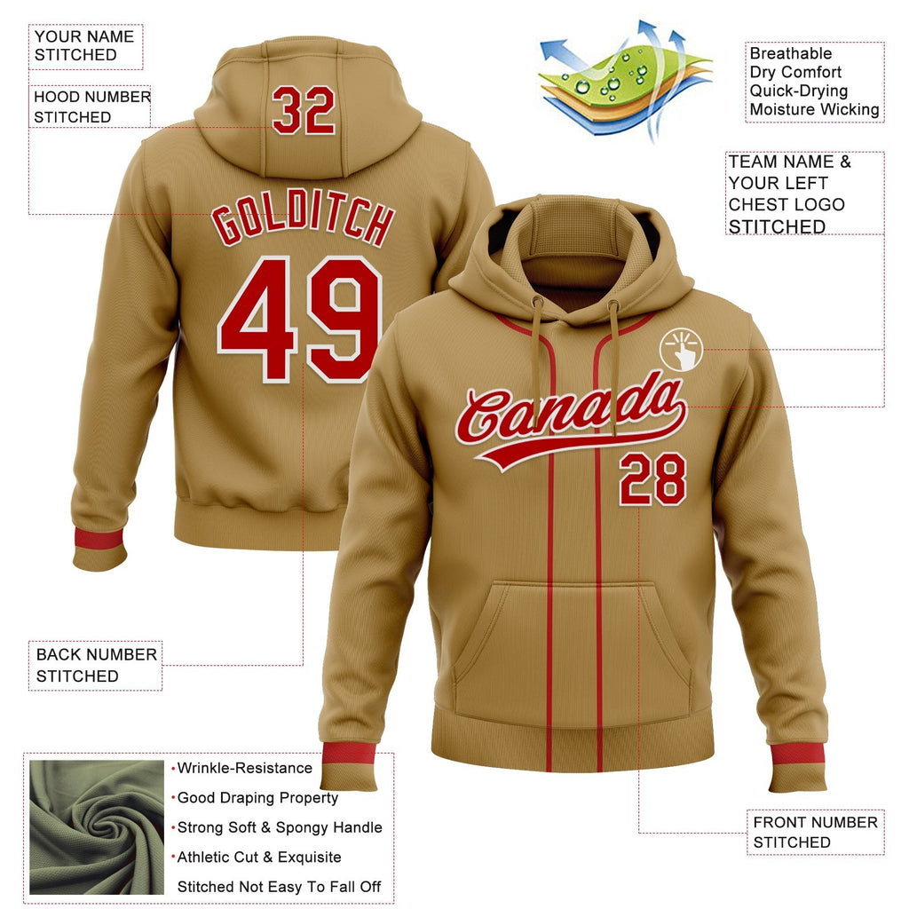 Custom Stitched Old Gold Red-White Baseball Pullover Sweatshirt Hoodie photo 2