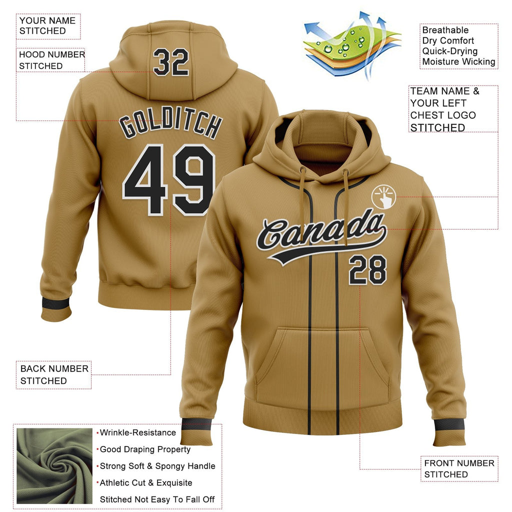 Custom Stitched Old Gold Black-White Baseball Pullover Sweatshirt Hoodie photo 2