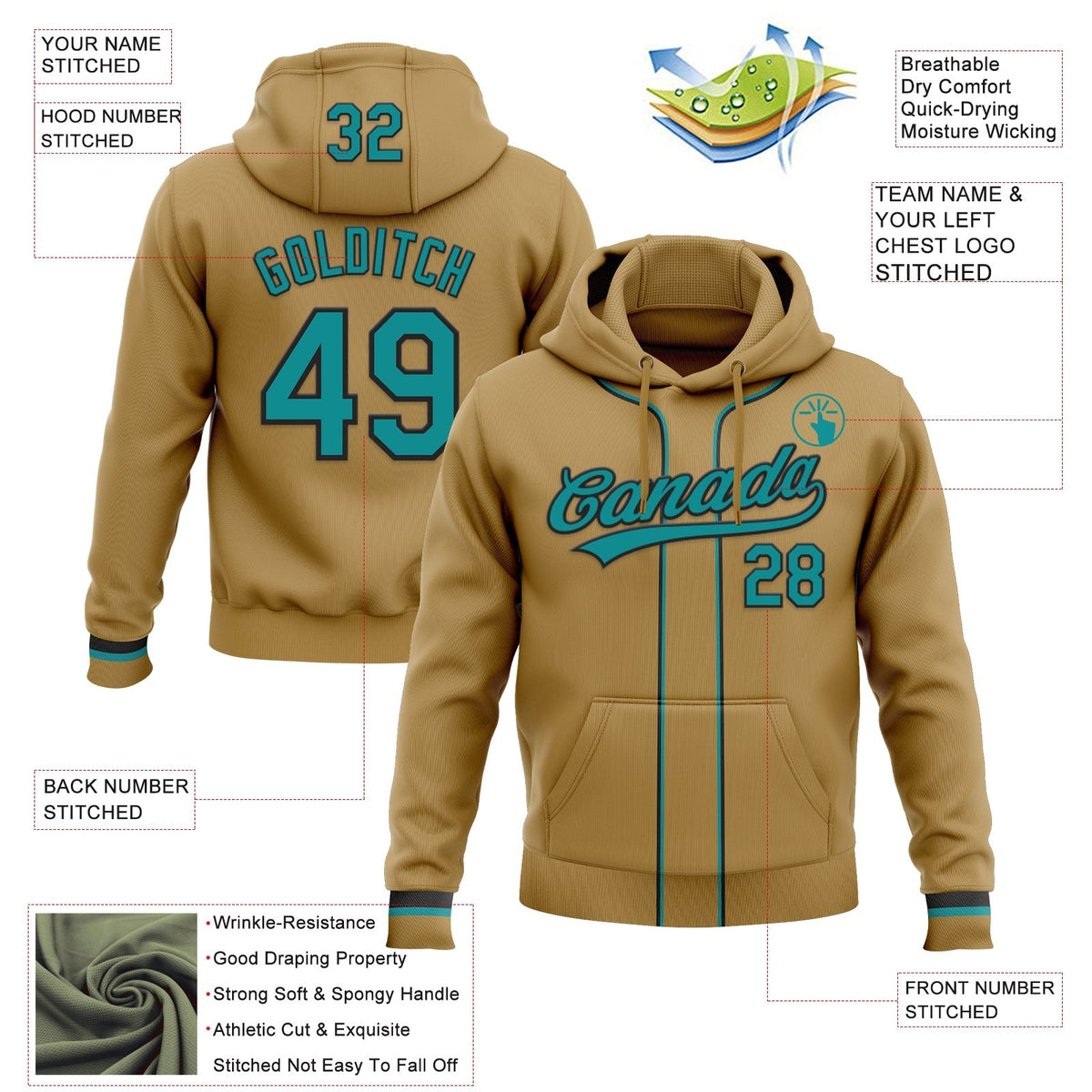 Custom Stitched Old Gold Teal-Black Baseball Pullover Sweatshirt Hoodie photo 2