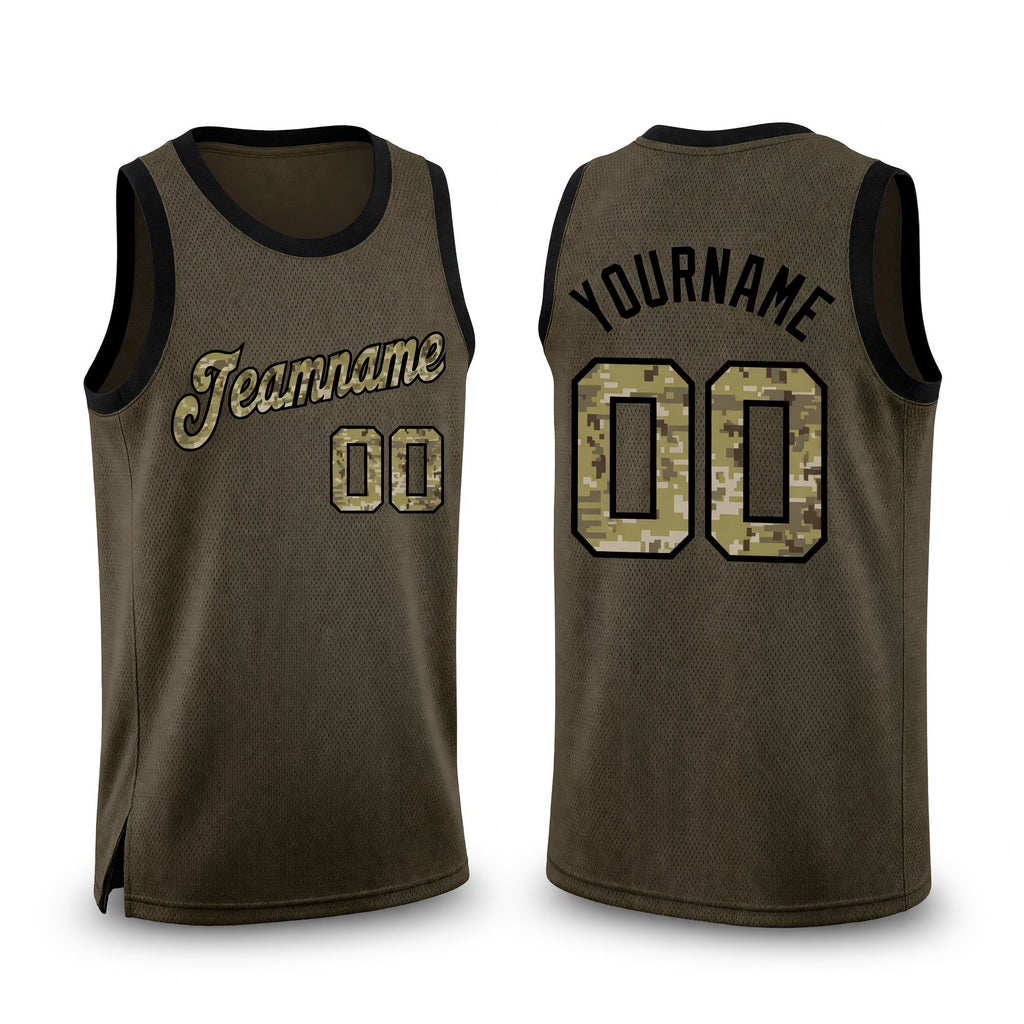 Custom Olive Camo-Black Round Neck Rib-Knit Salute To Service Basketball Jersey