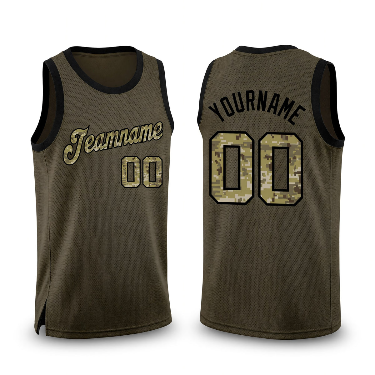 Custom Olive Camo-Black Round Neck Rib-Knit Salute To Service Basketball Jersey
