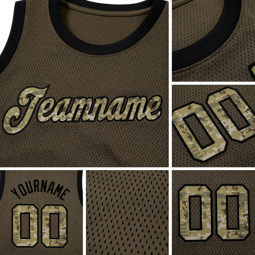 Custom Olive Camo-Black Round Neck Rib-Knit Salute To Service Basketball Jersey detail