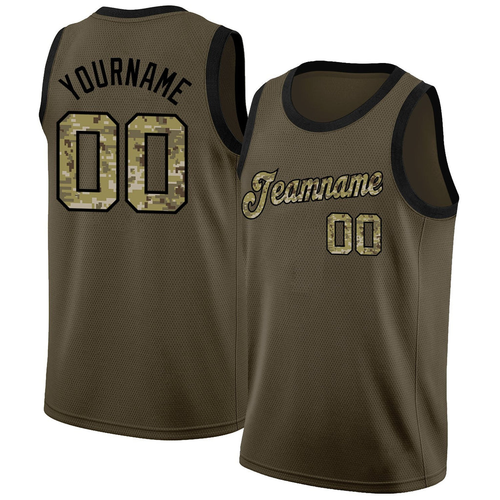 Custom Olive Camo-Black Round Neck Rib-Knit Salute To Service Basketball Jersey photo 1