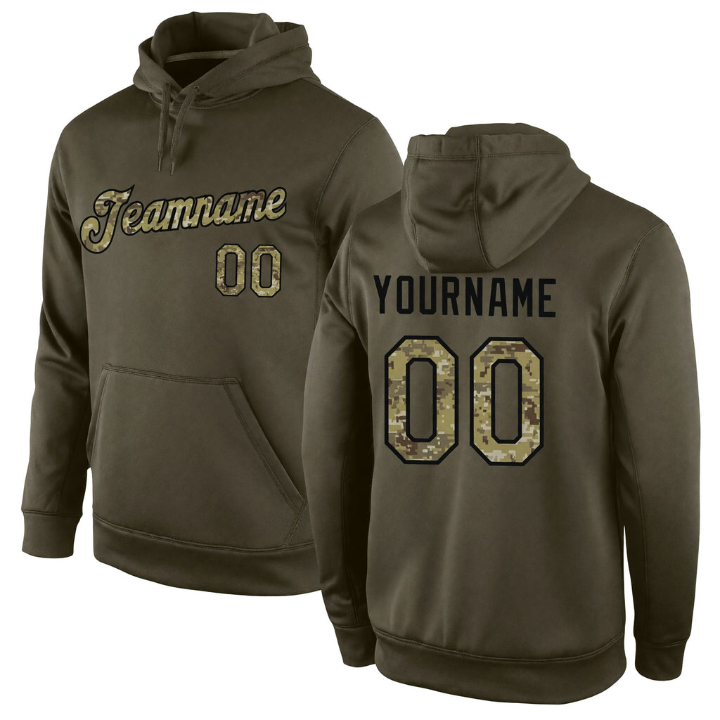 Custom Stitched Olive Camo-Black Sports Pullover Sweatshirt Salute To Service Hoodie