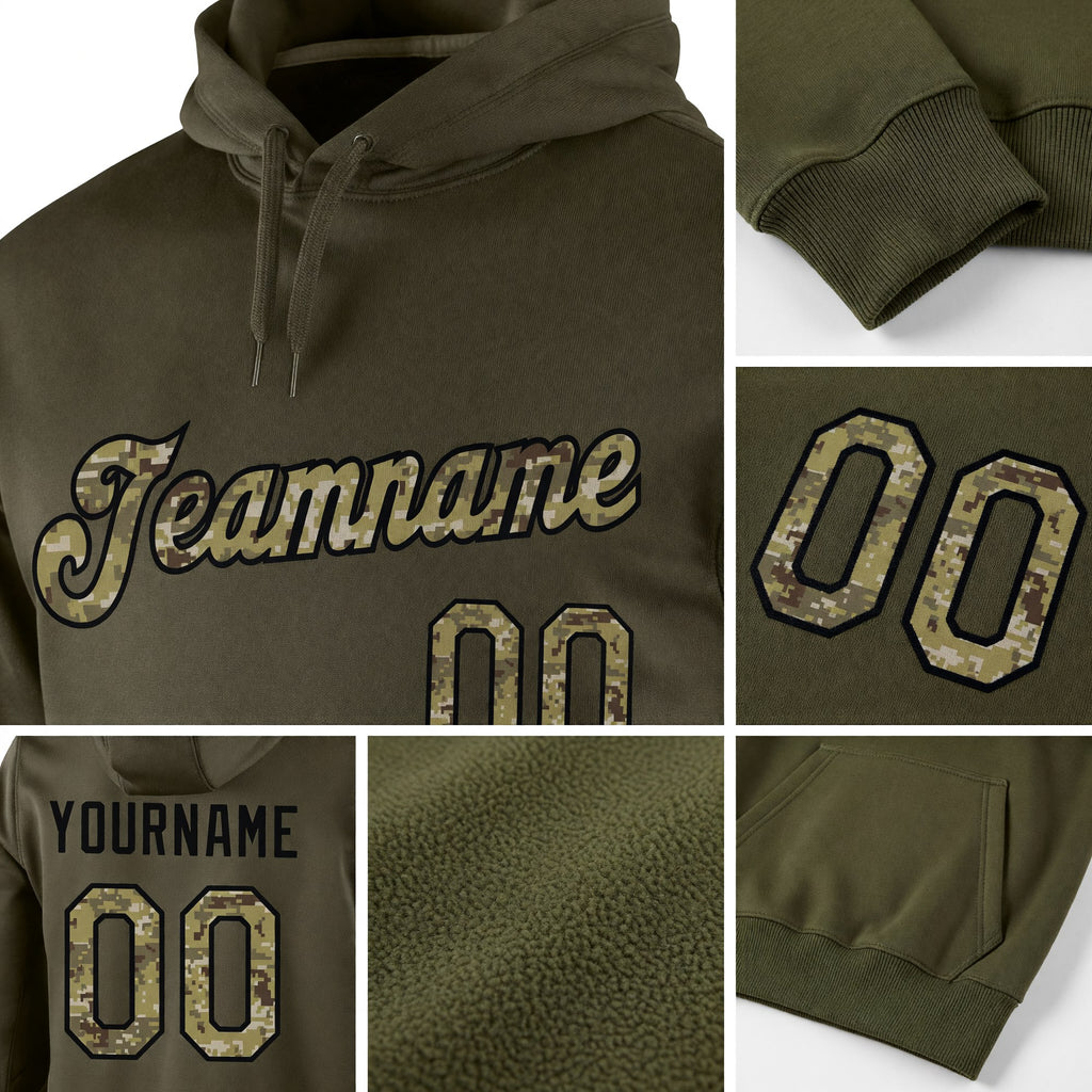 Custom Stitched Olive Camo-Black Sports Pullover Sweatshirt Salute To Service Hoodie detail
