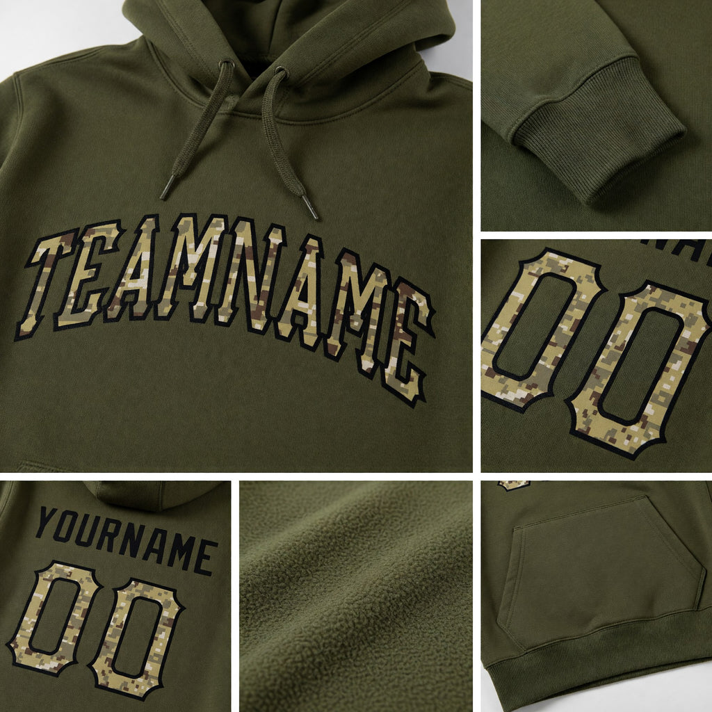 Custom Stitched Olive Camo-Black Sports Pullover Sweatshirt Salute To Service Hoodie detail