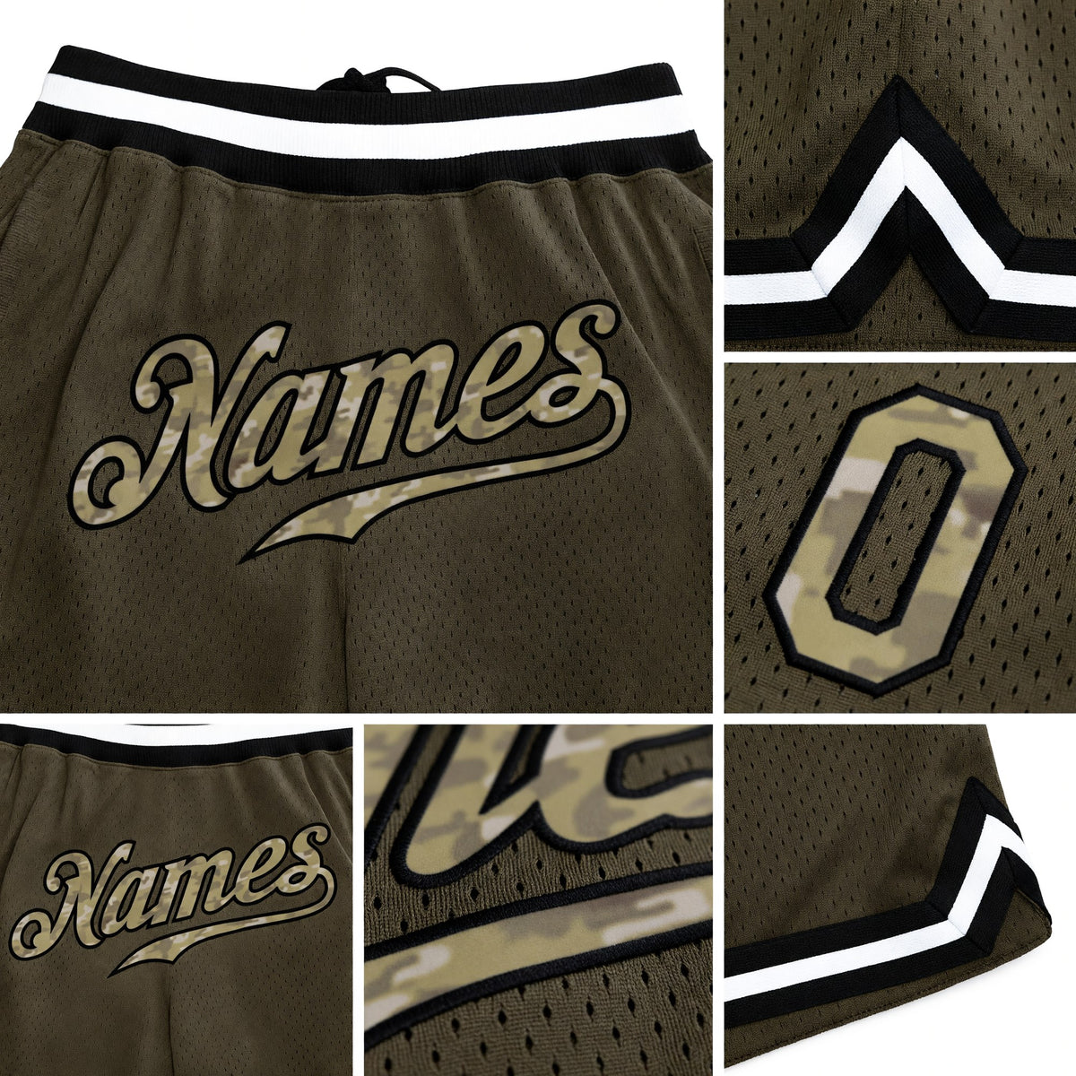 Custom Olive Camo-Black Authentic Throwback Salute To Service Basketball Shorts detail