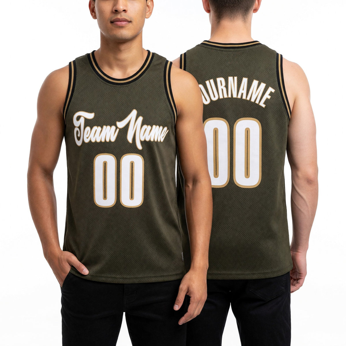 Custom Olive White-Old Gold Authentic Throwback Basketball Jersey worn front and back
