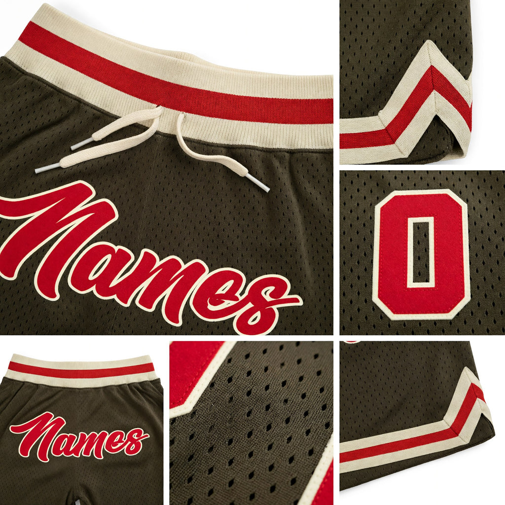 Custom Olive Red-Cream Authentic Throwback Salute To Service Basketball Shorts detail