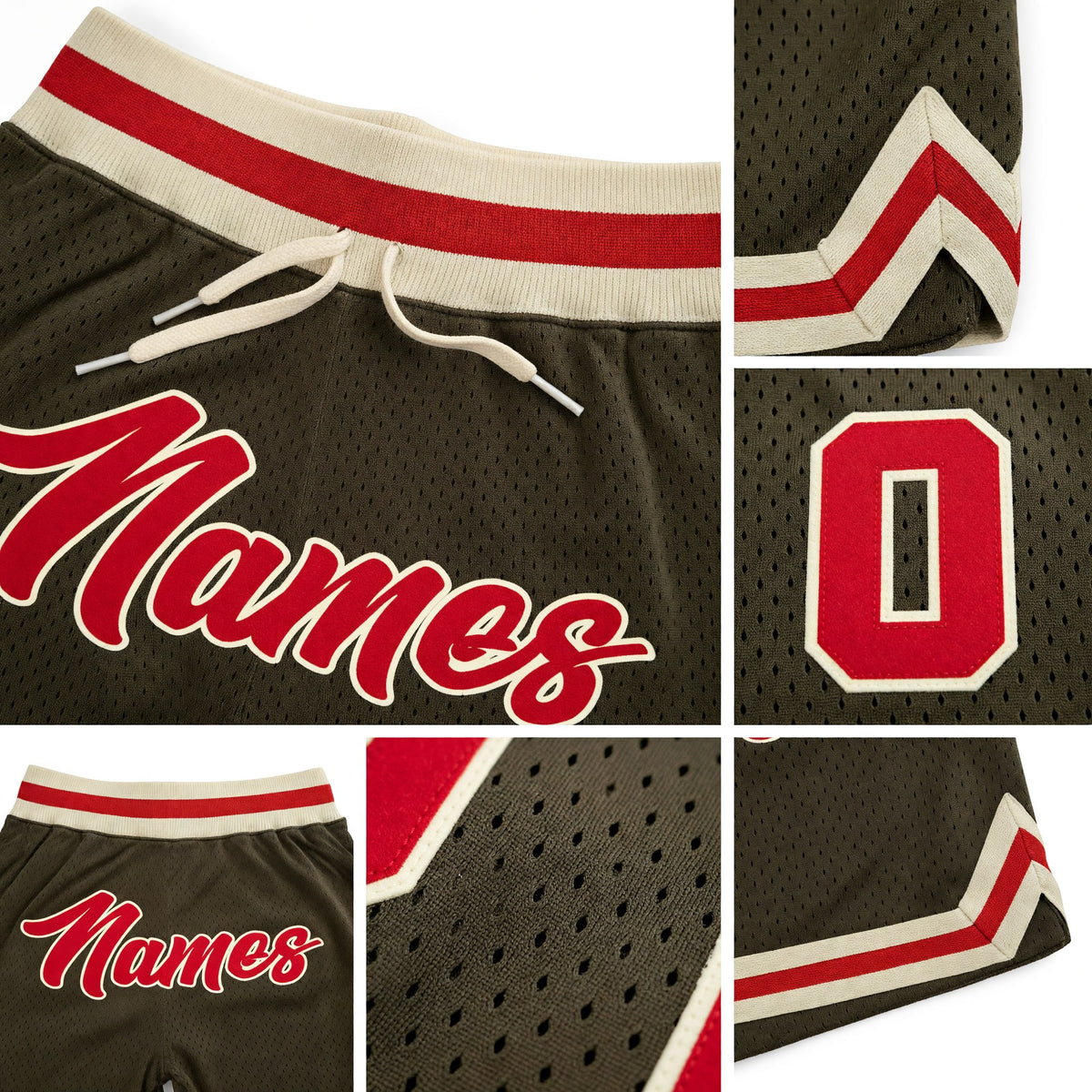 Custom Olive Red-Cream Authentic Throwback Salute To Service Basketball Shorts detail