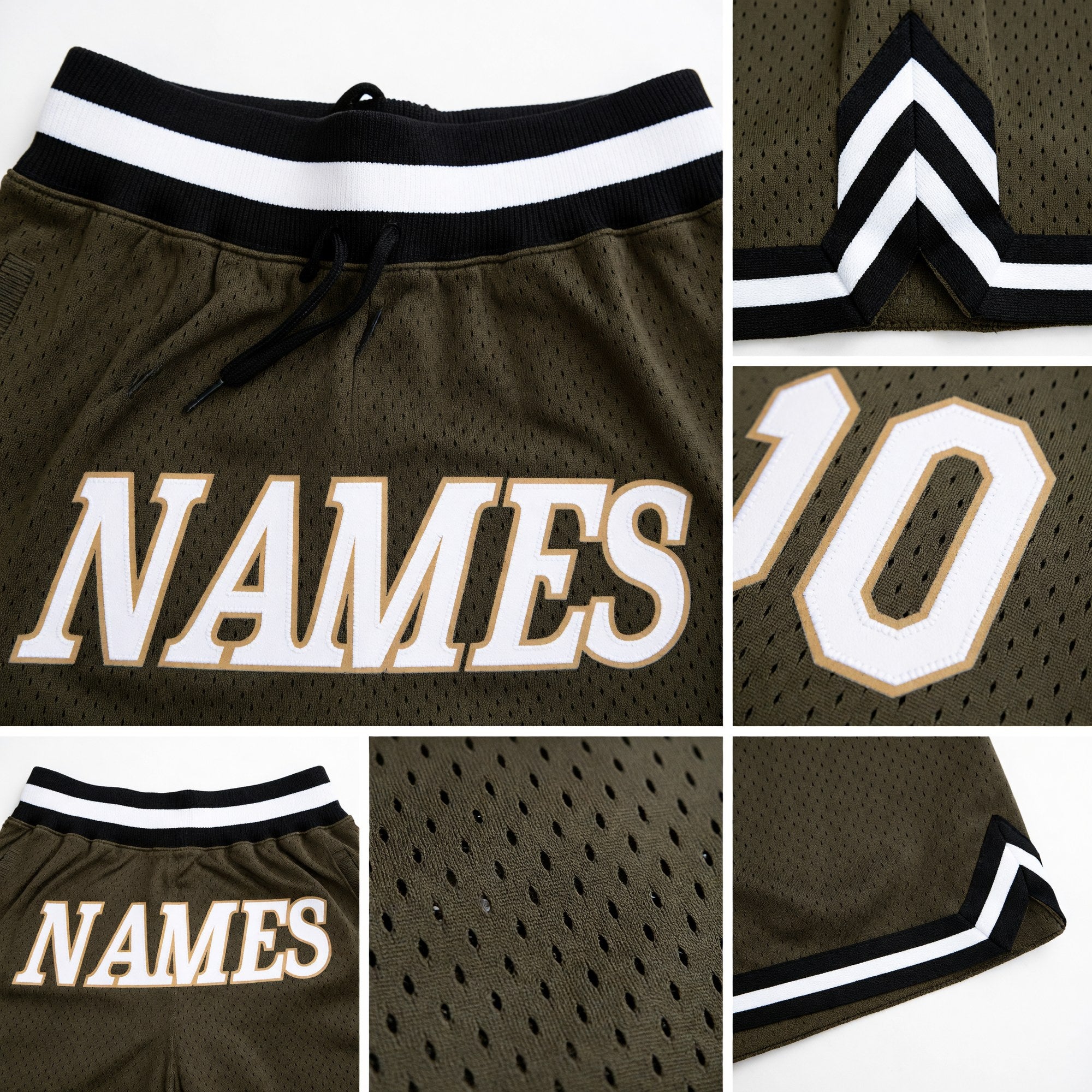 Custom Olive White-Black Authentic Throwback Salute To Service Basketball Shorts detail