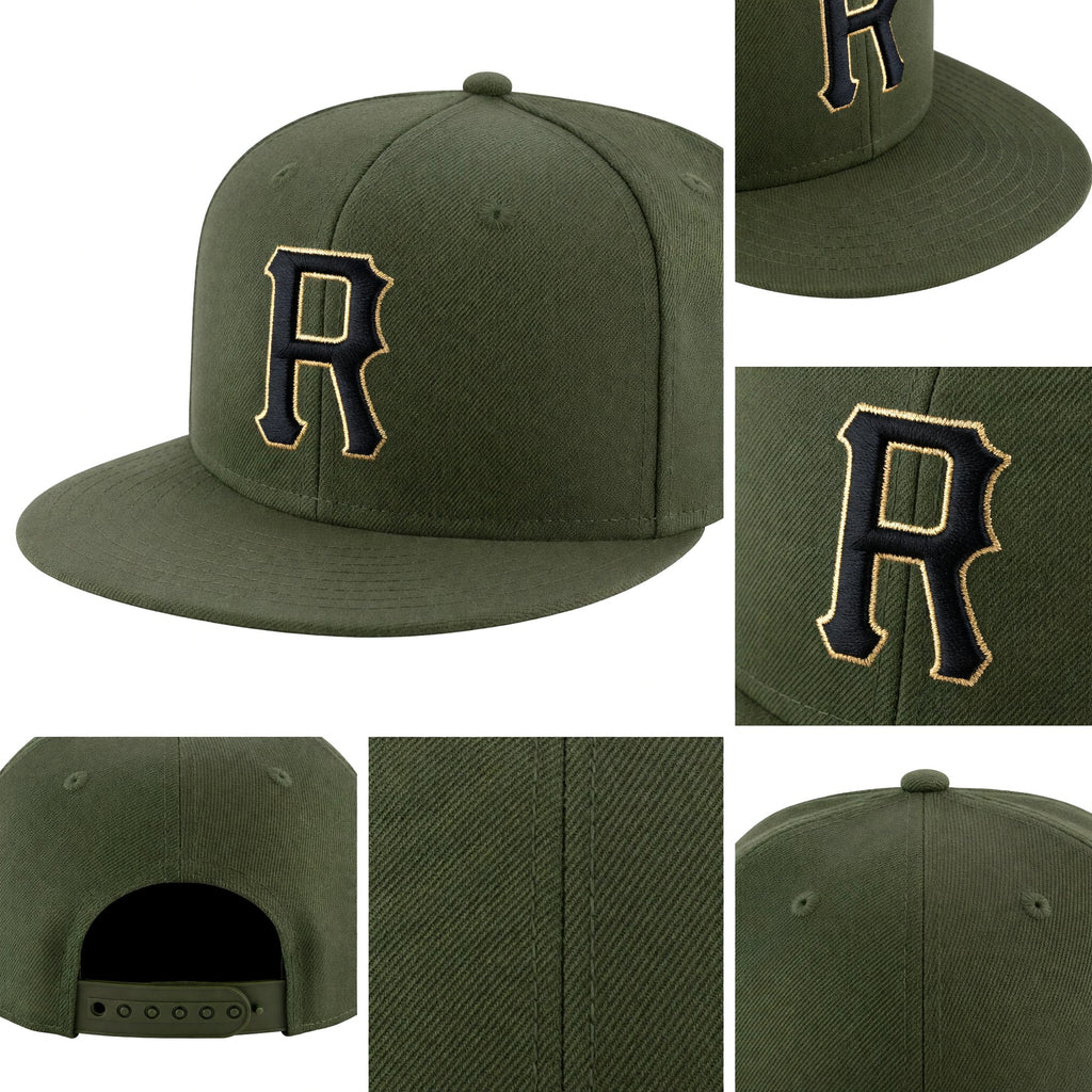 Custom Olive Black-Cream Stitched Adjustable Snapback Salute To Service Hat detail