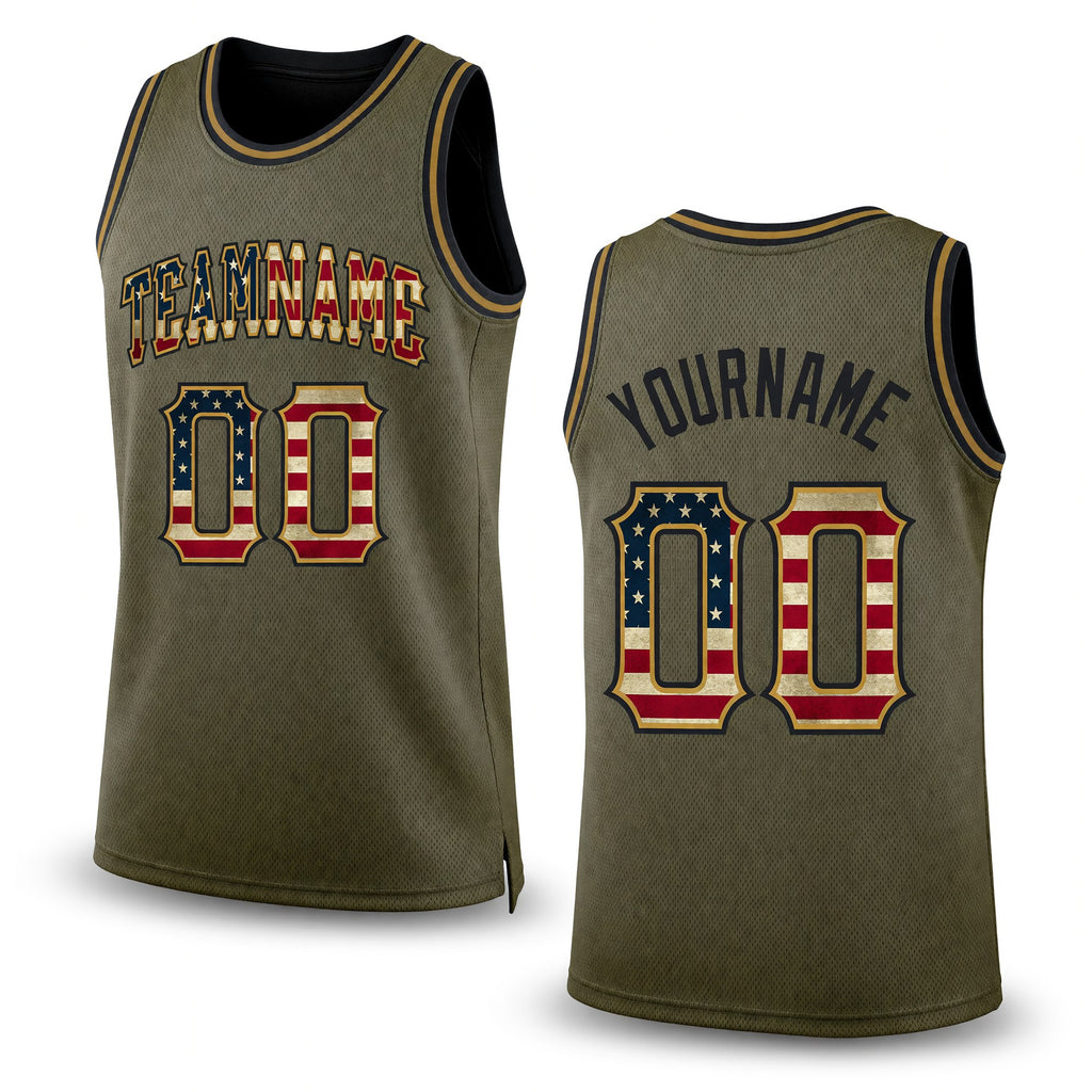 Custom Olive Vintage USA Flag-Black Authentic Throwback Salute To Service Basketball Jersey