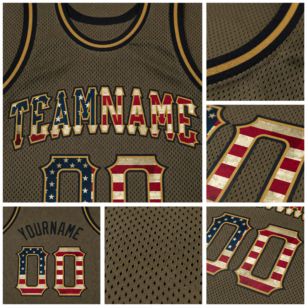 Custom Olive Vintage USA Flag-Black Authentic Throwback Salute To Service Basketball Jersey detail