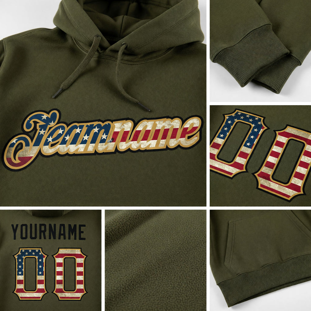 Custom Stitched Olive Vintage USA Flag-Black Sports Pullover Sweatshirt Salute To Service Hoodie detail