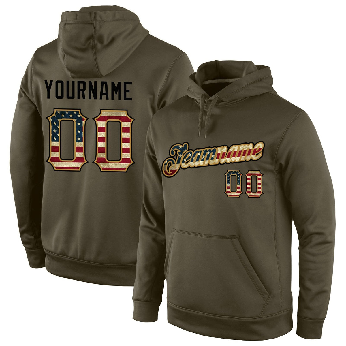 Custom Stitched Olive Vintage USA Flag-Black Sports Pullover Sweatshirt Salute To Service Hoodie photo 1