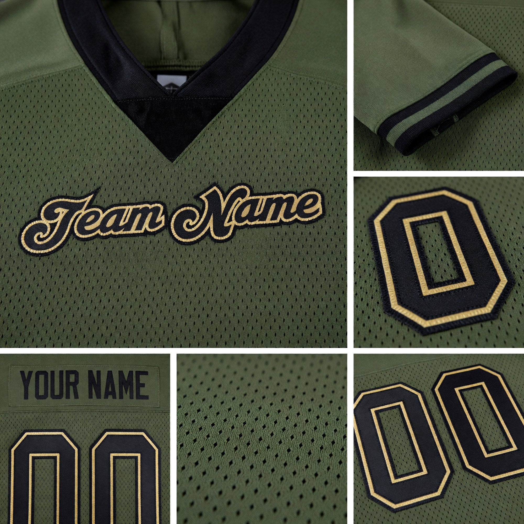 Custom Olive Black-Old Gold Mesh Salute To Service Football Jersey detail