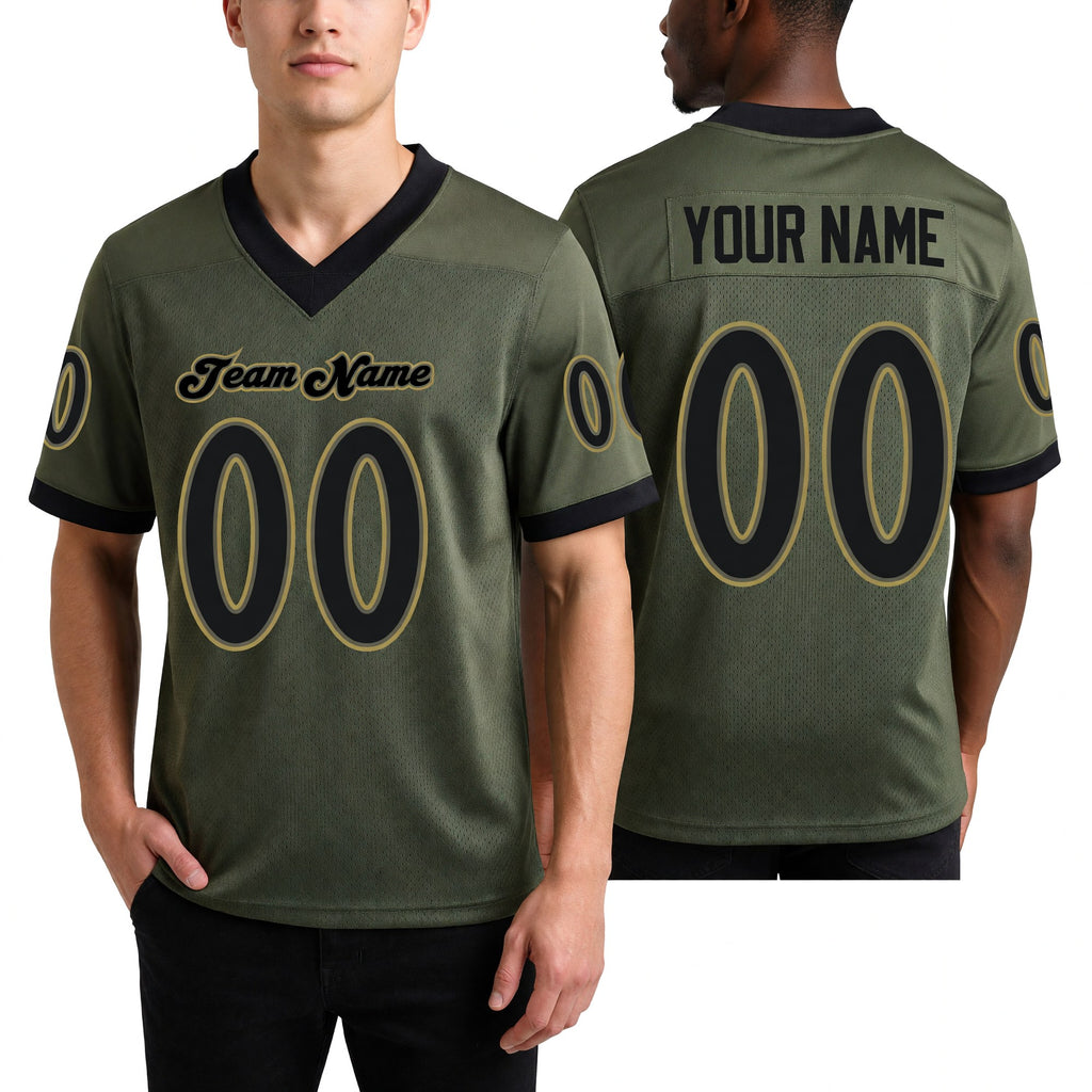 Custom Olive Black-Old Gold Mesh Salute To Service Football Jersey worn front and back