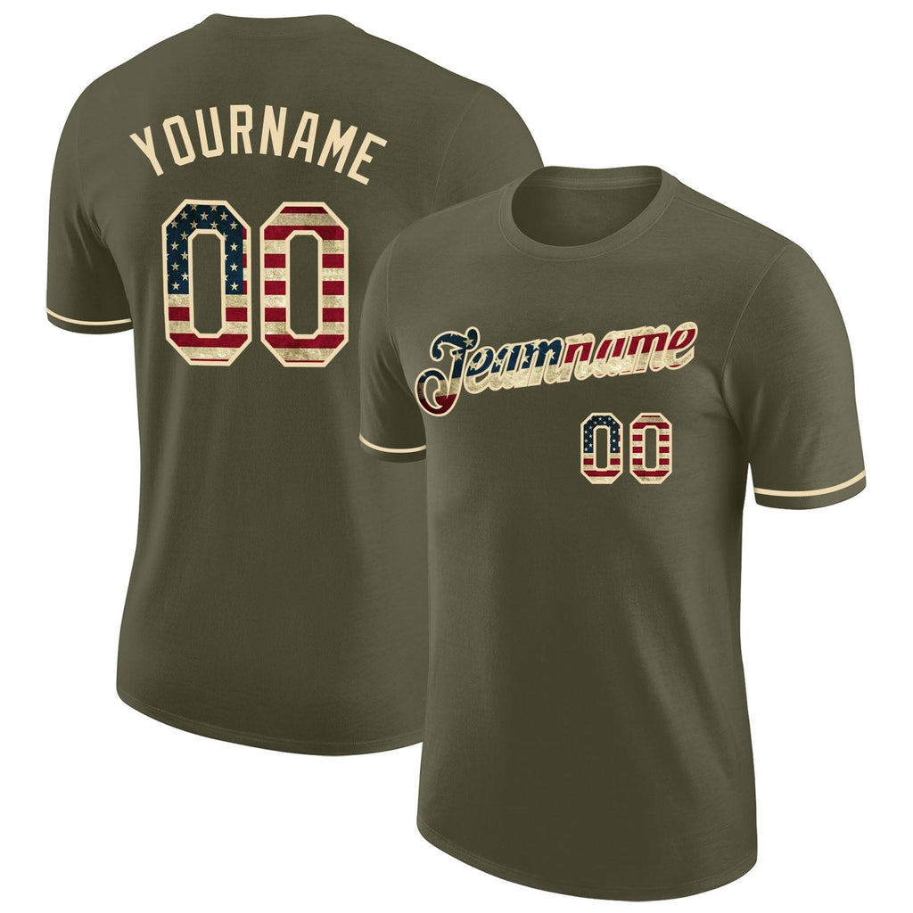 Custom Olive Vintage USA Flag-Cream Performance Salute To Service T-Shirt photo 1