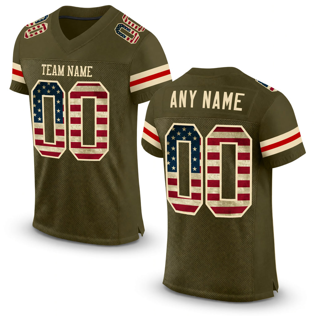 Custom Olive Vintage USA Flag-Cream Mesh Authentic Salute To Service Football Jersey