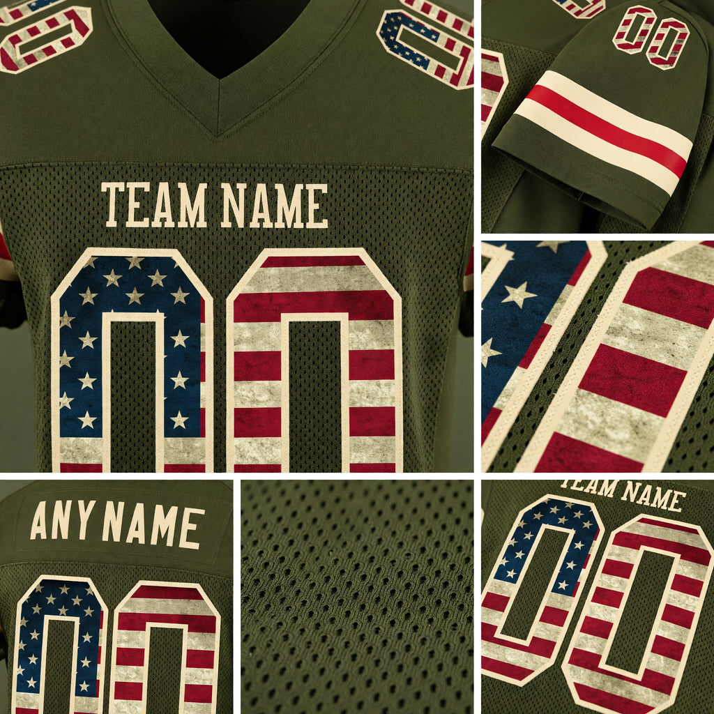 Custom Olive Vintage USA Flag-Cream Mesh Authentic Salute To Service Football Jersey detail