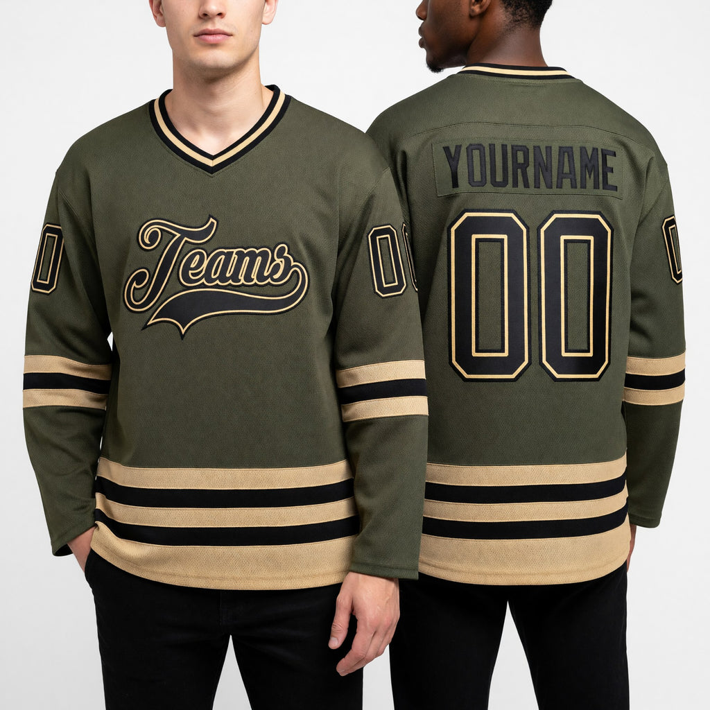 Custom Olive Black-Old Gold Salute To Service Hockey Jersey worn front and back