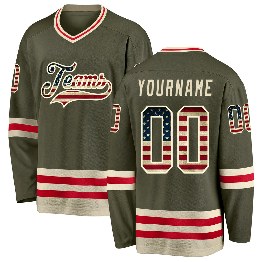 Custom Olive Vintage USA Flag-Cream Salute To Service Hockey Jersey