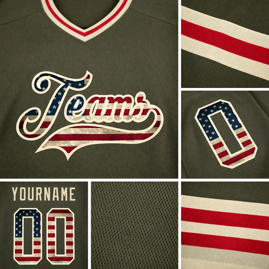 Custom Olive Vintage USA Flag-Cream Salute To Service Hockey Jersey detail