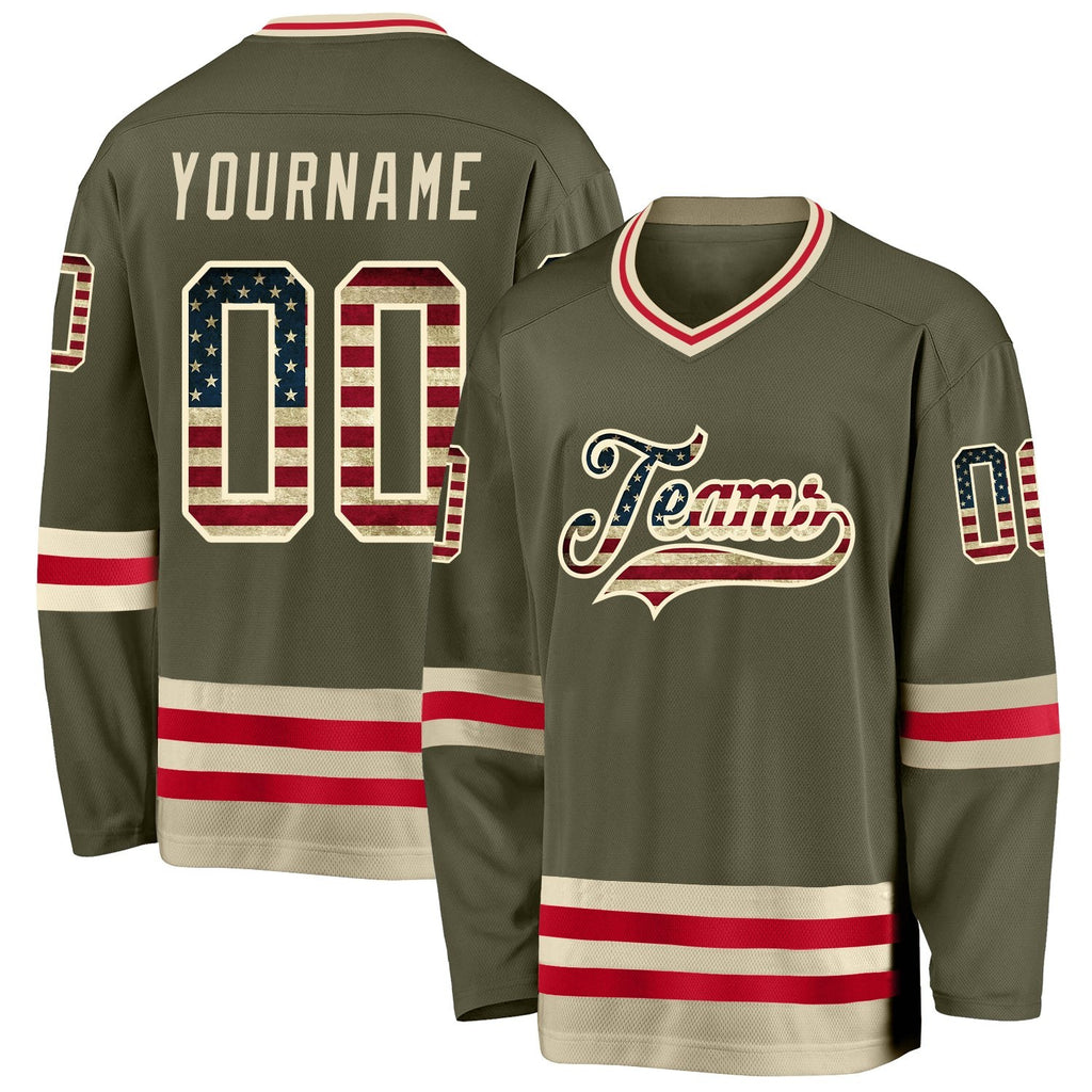 Custom Olive Vintage USA Flag-Cream Salute To Service Hockey Jersey photo 1
