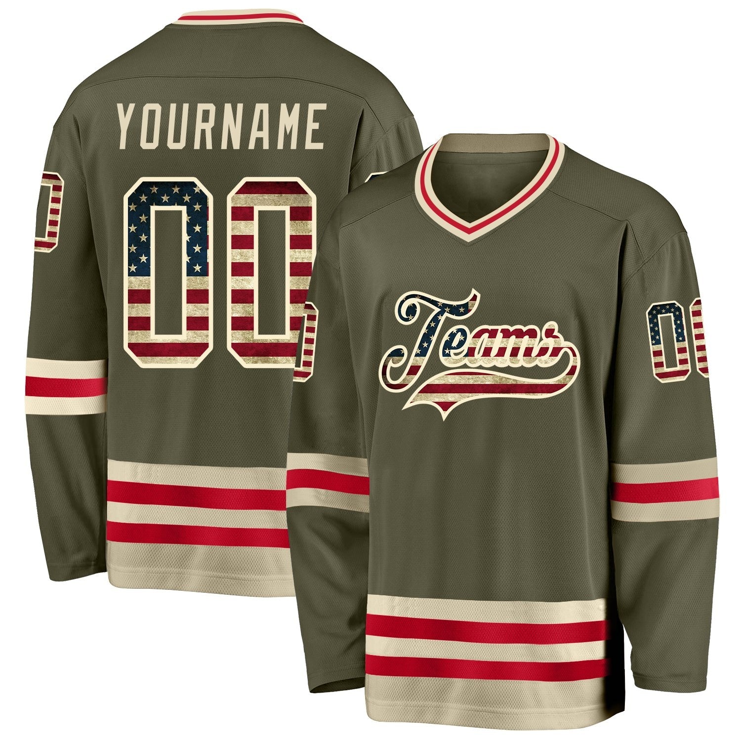 Custom Olive Vintage USA Flag-Cream Salute To Service Hockey Jersey photo 1