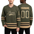 Custom Olive Camo-Old Gold Salute To Service Hockey Jersey worn front and back