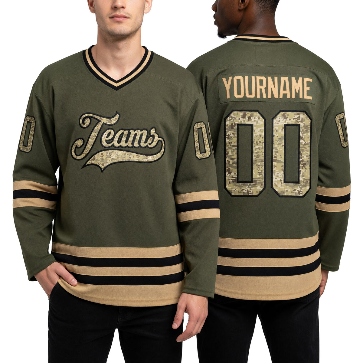 Custom Olive Camo-Old Gold Salute To Service Hockey Jersey worn front and back
