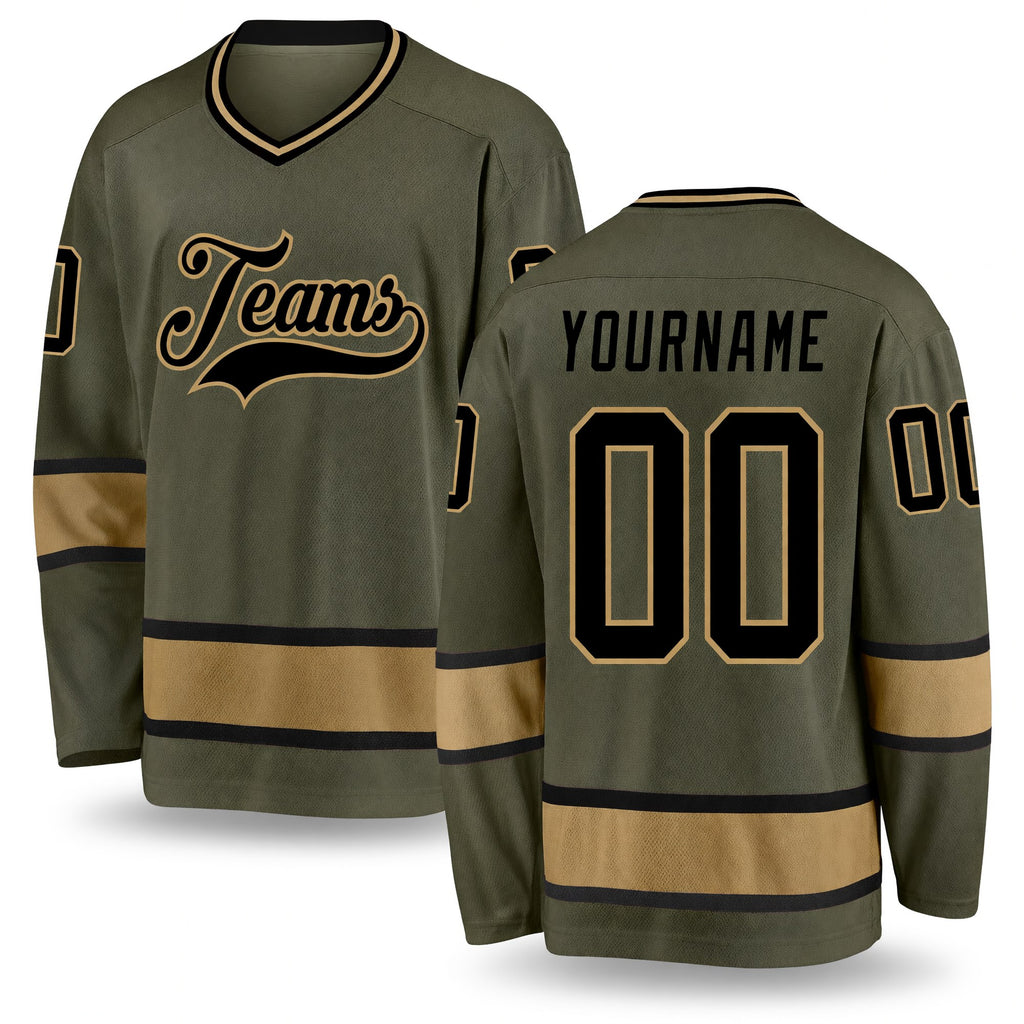 Custom Olive Black-Old Gold Salute To Service Hockey Jersey