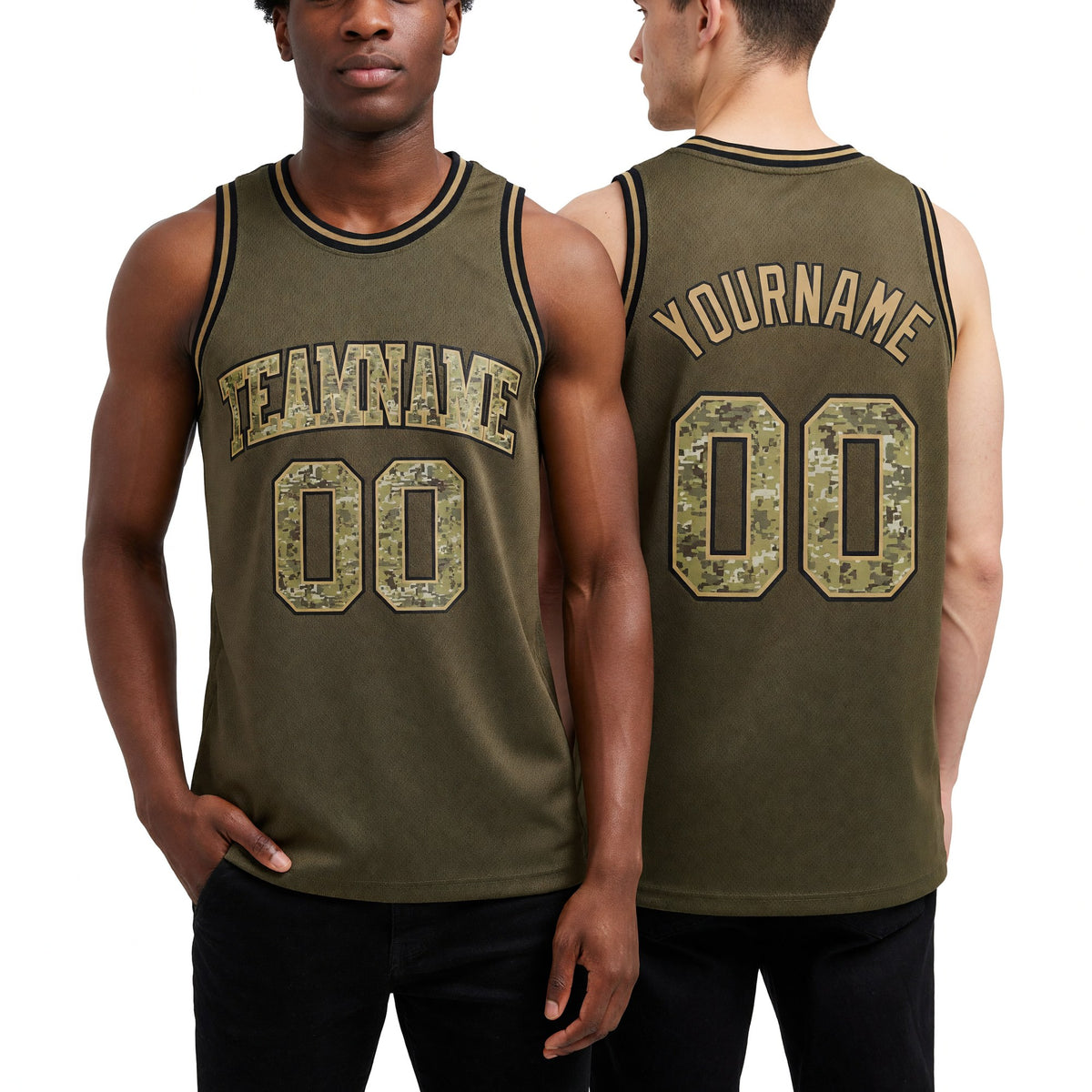 Custom Olive Camo-Old Gold Authentic Throwback Salute To Service  Basketball Jersey worn front and back