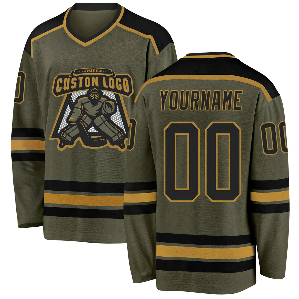 Custom Olive Black-Old Gold Salute To Service Hockey Jersey