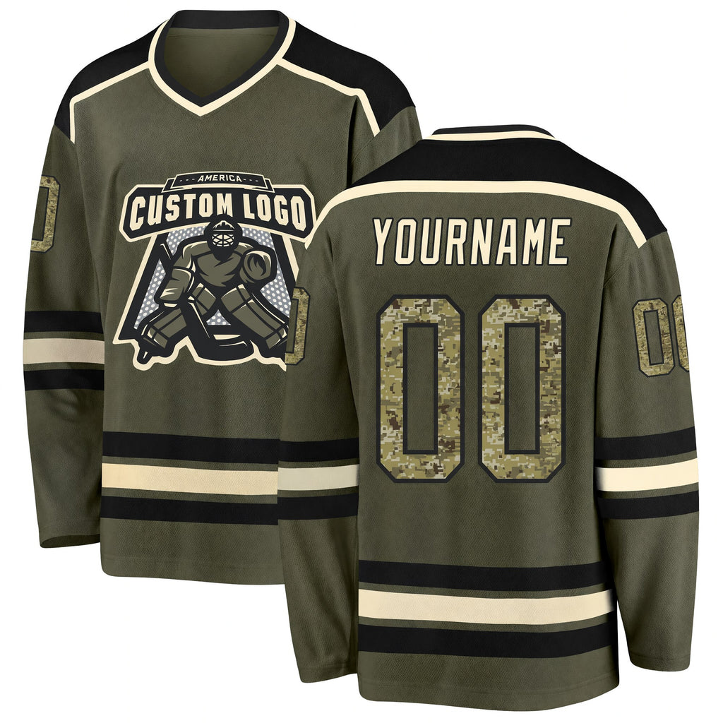Custom Olive Camo Black-Cream Salute To Service Hockey Jersey