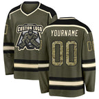 Custom Olive Camo Black-Cream Salute To Service Hockey Jersey