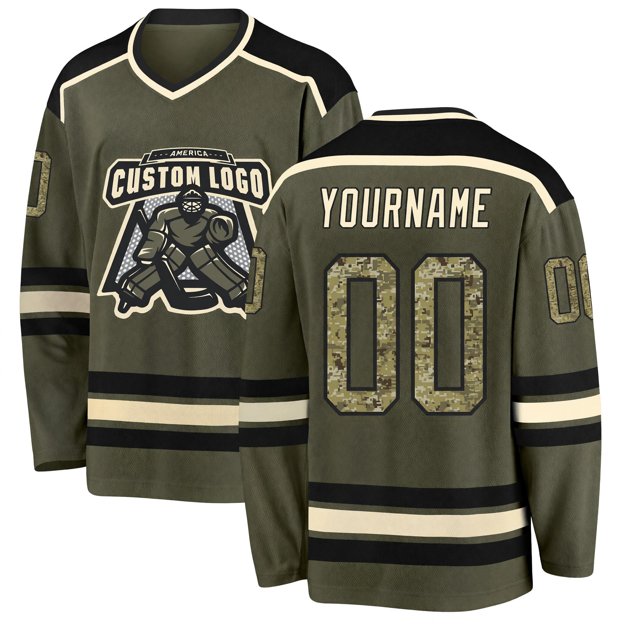 Custom Olive Camo Black-Cream Salute To Service Hockey Jersey