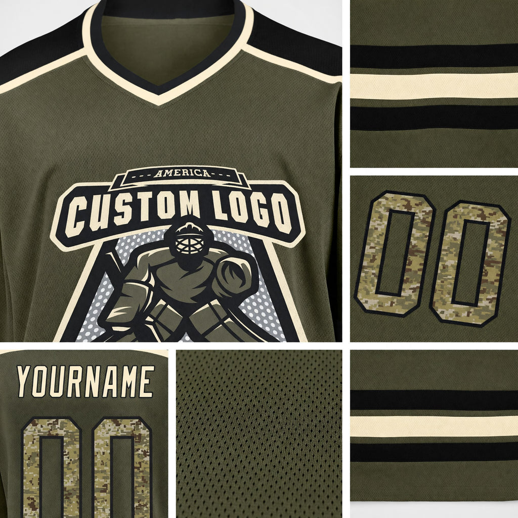 Custom Olive Camo Black-Cream Salute To Service Hockey Jersey detail