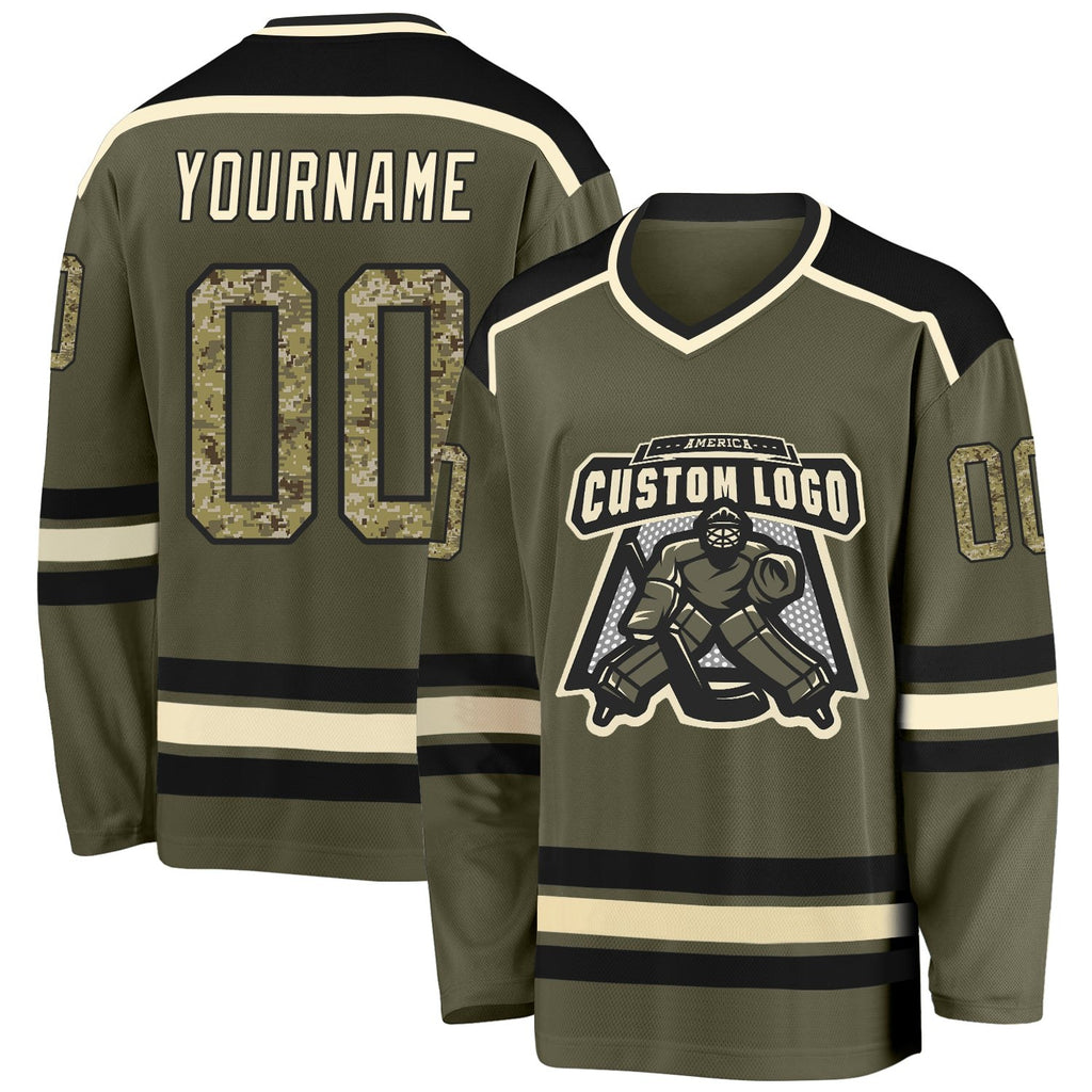 Custom Olive Camo Black-Cream Salute To Service Hockey Jersey photo 1