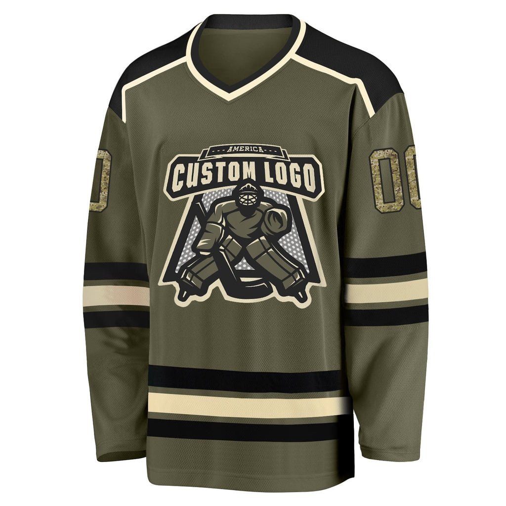 Custom Olive Camo Black-Cream Salute To Service Hockey Jersey photo 2