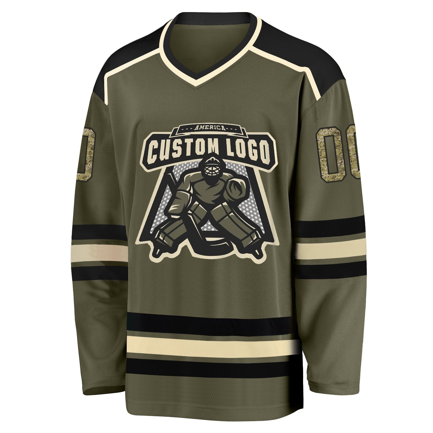 Custom Olive Camo Black-Cream Salute To Service Hockey Jersey photo 2