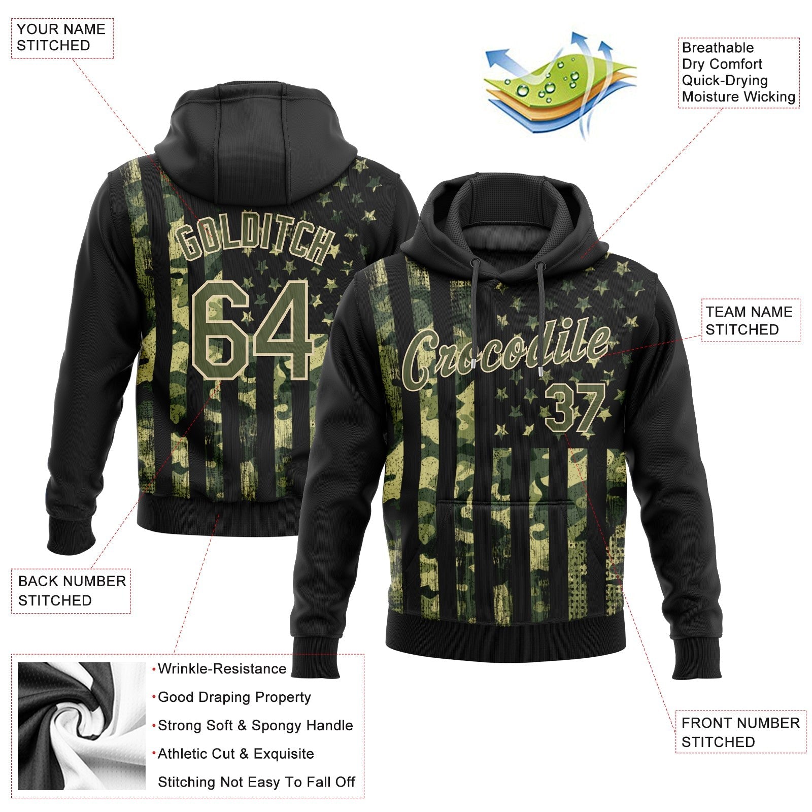 Custom Stitched Camo Olive-Cream 3D American Flag Fashion Sports Pullover Sweatshirt Salute To Service Hoodie photo 2
